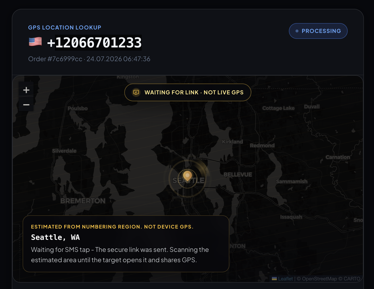 GPS location lookup dashboard with Seattle map, SMS waiting status, and order intel panel